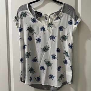 Floral Print Blouse with Tie-Neck - White and Blue